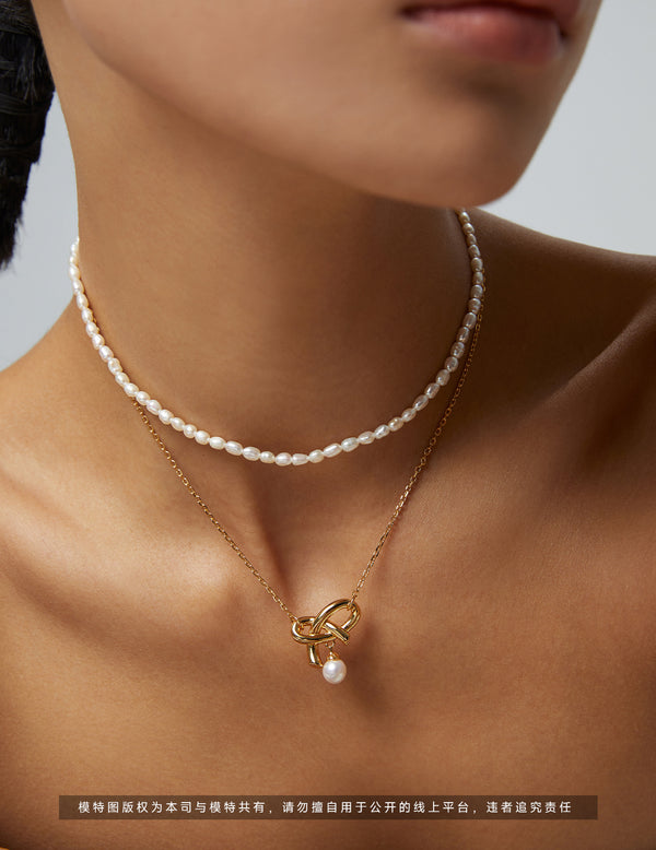 Silver natural rice grains pearl necklace